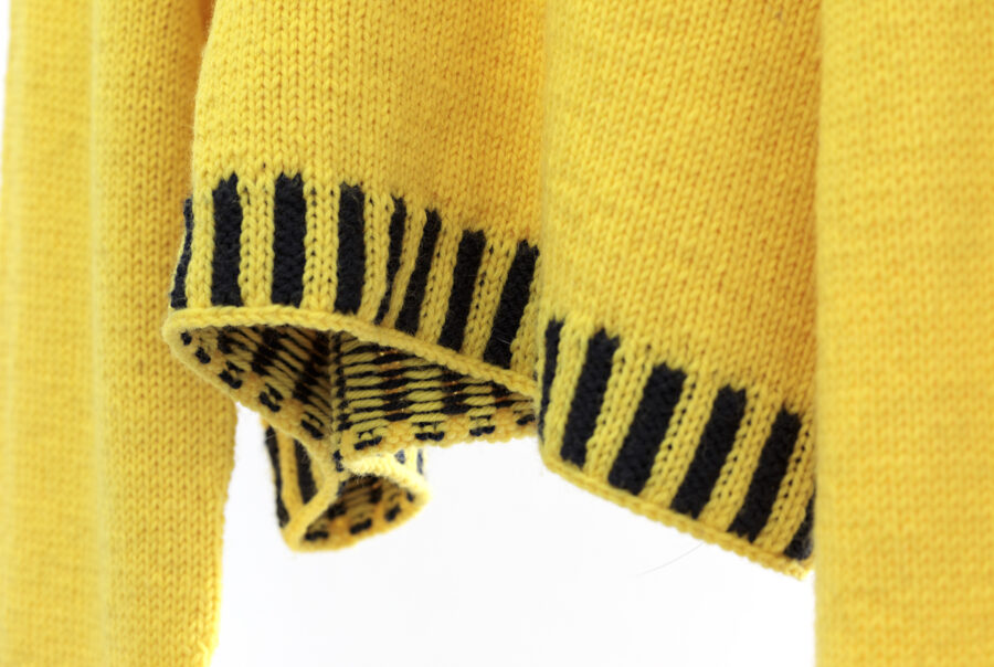Credit_ Sophia Cai, Safety Yellow Woman, 2020-2021, Handknitted wool garment, adult size, Photography by Malcolm King, Yarn support by Fancy Tiger Crafts